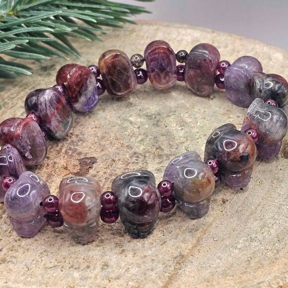 Nature Auralite 23 Hand Carved Pi Xiu Purple Garnet Feng Shui Bracelet - Picture 3 of 10